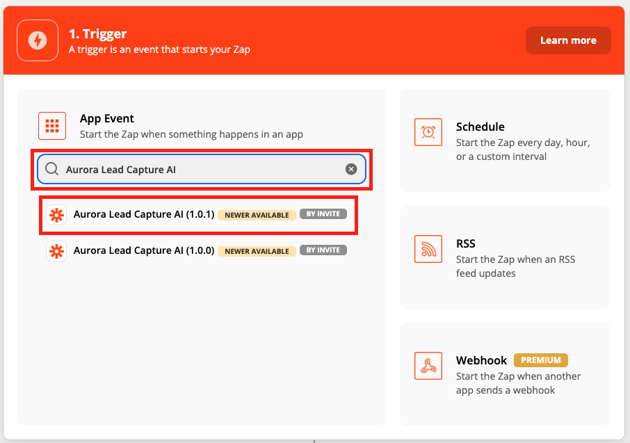 Search for and select the "Aurora Lead Capture AI" App